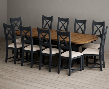 Extending olympia 180cm oak and dark blue dining table with 10 linen painted chairs