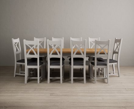Extending olympia 180cm oak and soft white painted dining table with 10 charcoal grey painted chairs