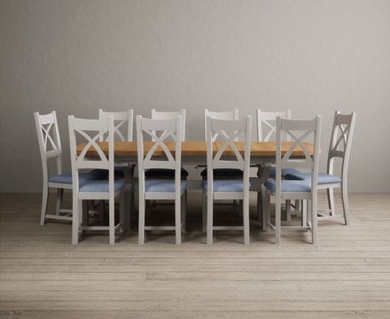 Extending olympia 180cm oak and soft white painted dining table with 10 blue painted chairs