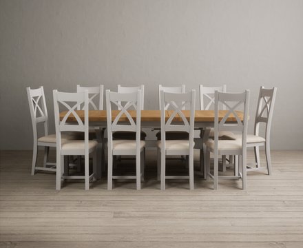Extending olympia 180cm oak and soft white painted dining table with 10 linen painted chairs