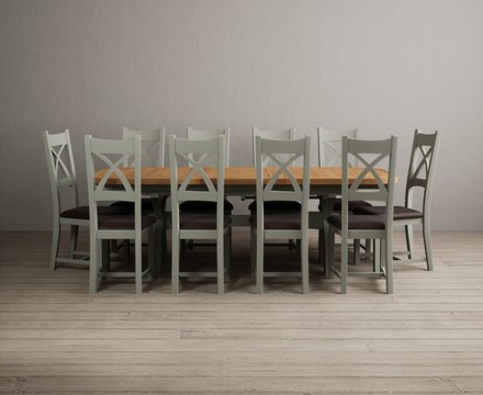 Extending olympia 180cm oak and soft green dining table with 10 brown painted chairs