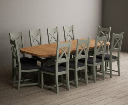 Extending olympia 180cm oak and soft green dining table with 10 charcoal grey painted chairs