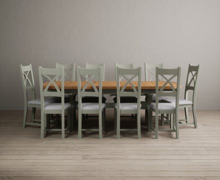 Extending olympia 180cm oak and soft green dining table with 10 light grey painted chairs