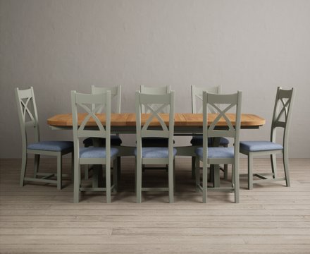 Extending olympia 180cm oak and soft green dining table with 8 blue painted chairs