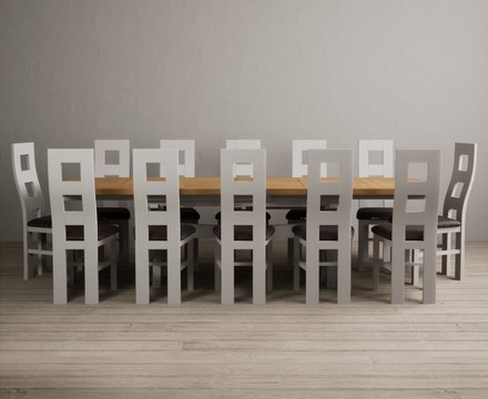 Extending olympia 180cm oak and soft white painted dining table with 12 brown painted chairs