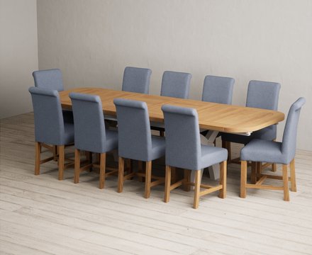 Extending olympia 180cm oak and soft white painted dining table with 10 blue braced chairs