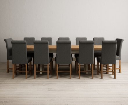 Extending olympia 180cm oak and cream painted dining table with 12 charcoal grey braced chairs