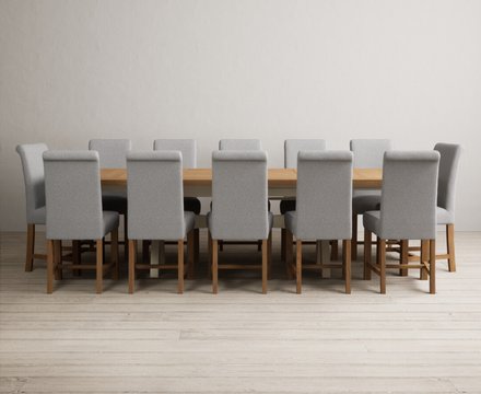 Extending olympia 180cm oak and cream painted dining table with 12 grey braced chairs