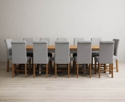 Extending olympia 180cm oak and soft white painted dining table with 12 grey braced chairs