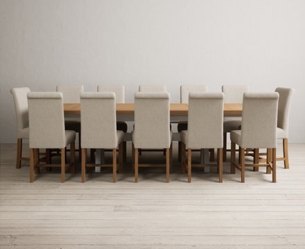 Extending olympia 180cm oak and soft white painted dining table with 12 natural braced chairs
