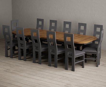 Extending olympia 180cm oak and charcoal grey dining table with 12 charcoal grey painted chairs
