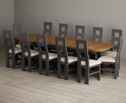 Extending olympia 180cm oak and charcoal grey dining table with 12 linen painted chairs