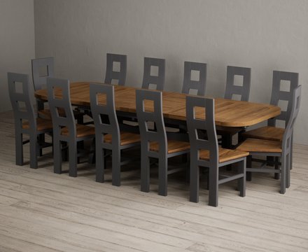 Extending olympia 180cm oak and charcoal grey dining table with 12 rustic oak painted chairs