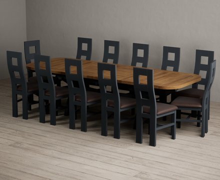 Extending olympia 180cm oak and dark blue dining table with 12 brown painted chairs