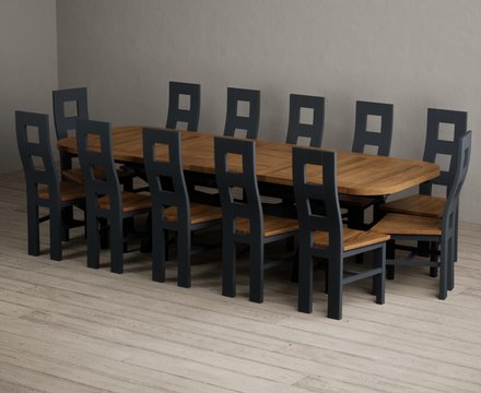 Extending olympia 180cm oak and dark blue dining table with 12 rustic oak painted chairs