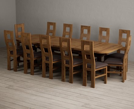 Extending olympia 180cm rustic solid oak dining table with 12 brown rustic solid oak chairs