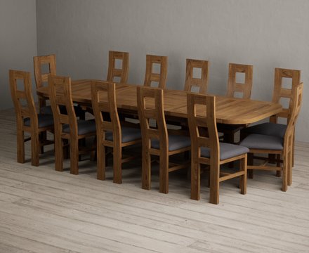 Extending olympia 180cm rustic solid oak dining table with 12 charcoal grey rustic solid oak chairs