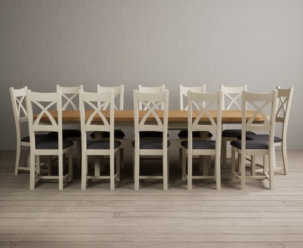 Extending olympia 180cm oak and cream painted dining table with 12 charcoal grey painted chairs