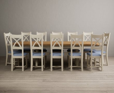 Extending olympia 180cm oak and cream painted dining table with 12 blue painted chairs