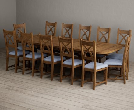 Extending olympia 180cm rustic solid oak dining table with 12 blue rustic solid oak chairs