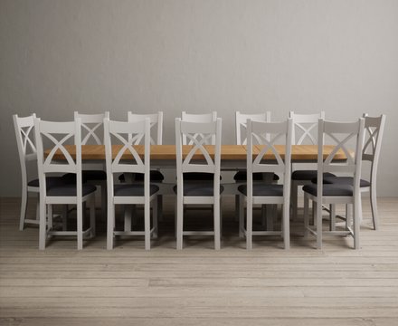 Extending olympia 180cm oak and soft white painted dining table with 12 charcoal grey painted chairs