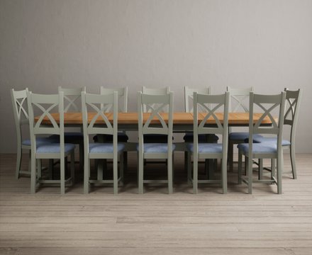 Extending olympia 180cm oak and soft green dining table with 12 blue painted chairs