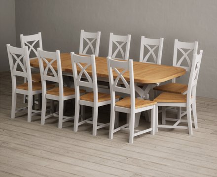Extending olympia 180cm oak and soft white painted dining table with 10 oak painted chairs