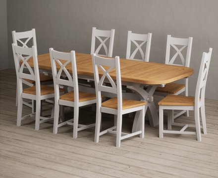 Extending olympia 180cm oak and soft white painted dining table with 8 oak painted chairs
