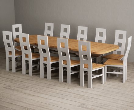 Extending olympia 180cm oak and soft white painted dining table with 12 oak painted chairs