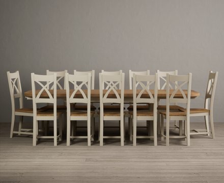 Extending olympia 180cm oak and cream painted dining table with 12 oak painted chairs