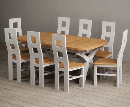 Extending olympia 180cm oak and soft white painted dining table with 8 oak painted chairs