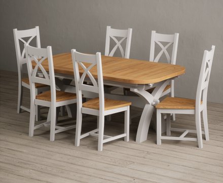 Extending olympia 180cm oak and soft white painted dining table with 6 oak painted chairs