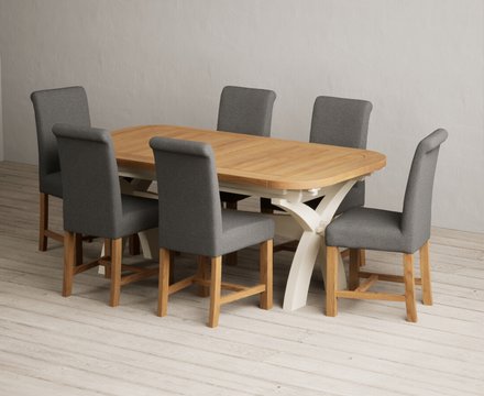 Extending olympia 180cm oak and cream painted dining table with 6 charcoal grey braced chairs