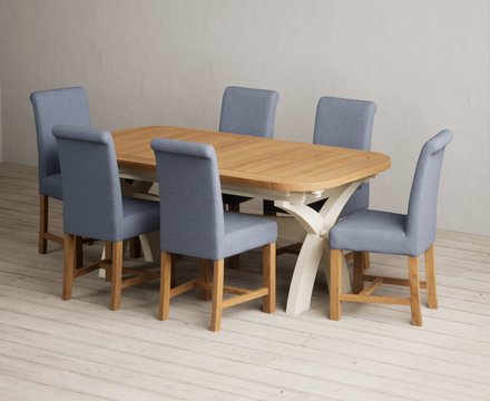 Extending olympia 180cm oak and cream painted dining table with 6 blue braced chairs