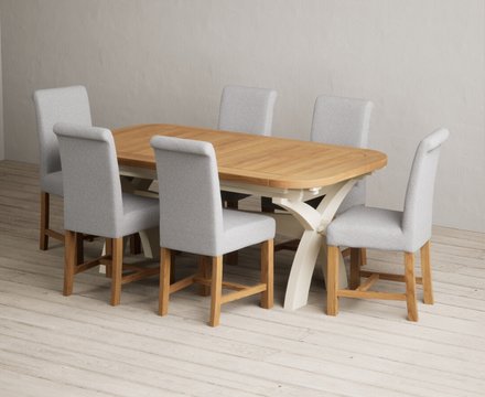 Extending olympia 180cm oak and cream painted dining table with 6 grey braced chairs