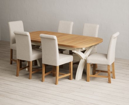 Extending olympia 180cm oak and cream painted dining table with 6 natural braced chairs