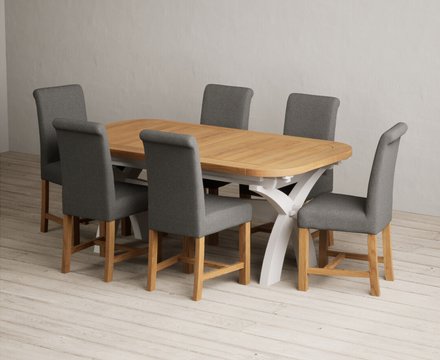 Extending olympia 180cm oak and soft white painted dining table with 6 charcoal grey braced chairs
