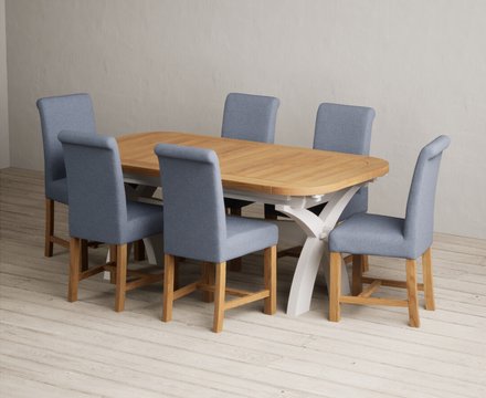 Extending olympia 180cm oak and soft white painted dining table with 6 blue braced chairs