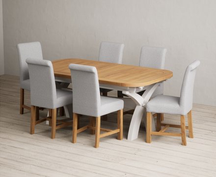 Extending olympia 180cm oak and soft white painted dining table with 6 grey braced chairs