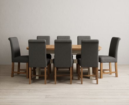 Extending olympia 180cm oak and cream painted dining table with 8 charcoal grey braced chairs