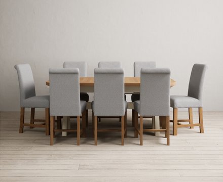 Extending olympia 180cm oak and cream painted dining table with 8 grey braced chairs