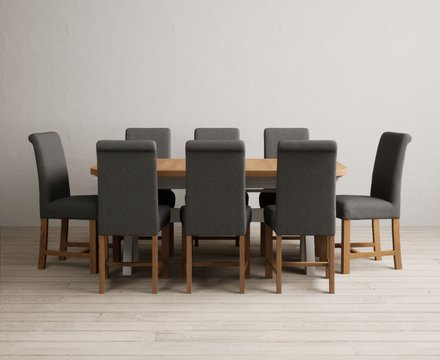 Extending olympia 180cm oak and soft white painted dining table with 8 charcoal grey braced chairs