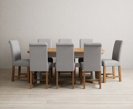 Extending olympia 180cm oak and soft white painted dining table with 8 grey braced chairs