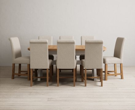 Extending olympia 180cm oak and soft white painted dining table with 8 natural braced chairs