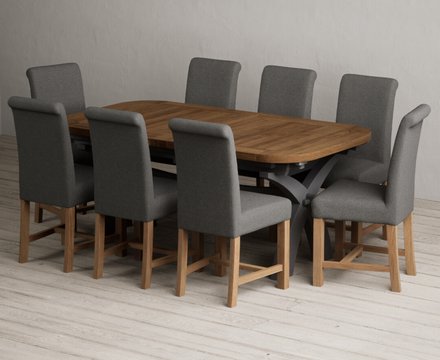 Extending olympia 180cm oak and charcoal grey dining table with 8 charcoal grey braced chairs