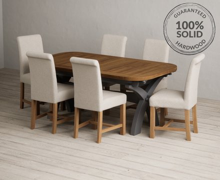 Extending olympia 180cm oak and charcoal grey dining table with 6 natural braced chairs