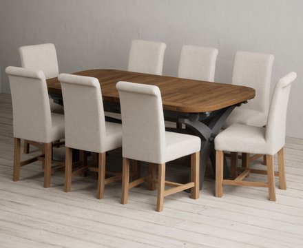 Extending olympia 180cm oak and charcoal grey dining table with 8 natural braced chairs