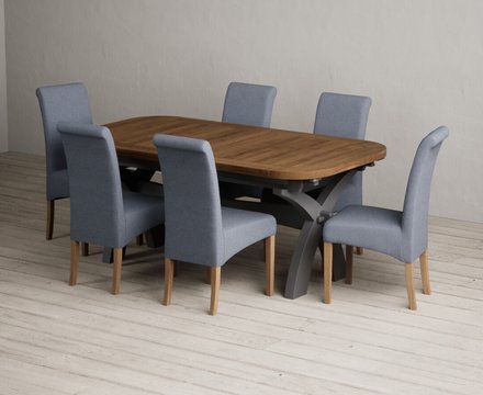 Extending olympia 180cm oak and charcoal grey dining table with 6 blue scroll back chairs