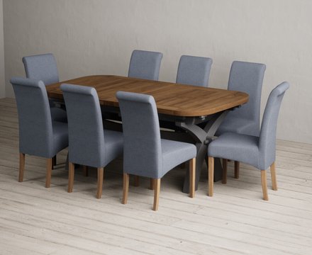 Extending olympia 180cm oak and charcoal grey dining table with 8 blue scroll back chairs