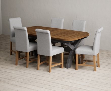 Extending olympia 180cm oak and charcoal grey dining table with 6 grey braced chairs
